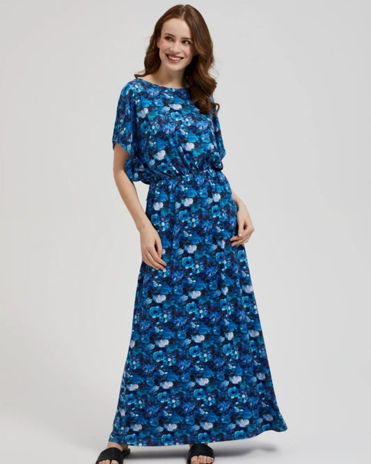 Vestido largo azul con estampado floral